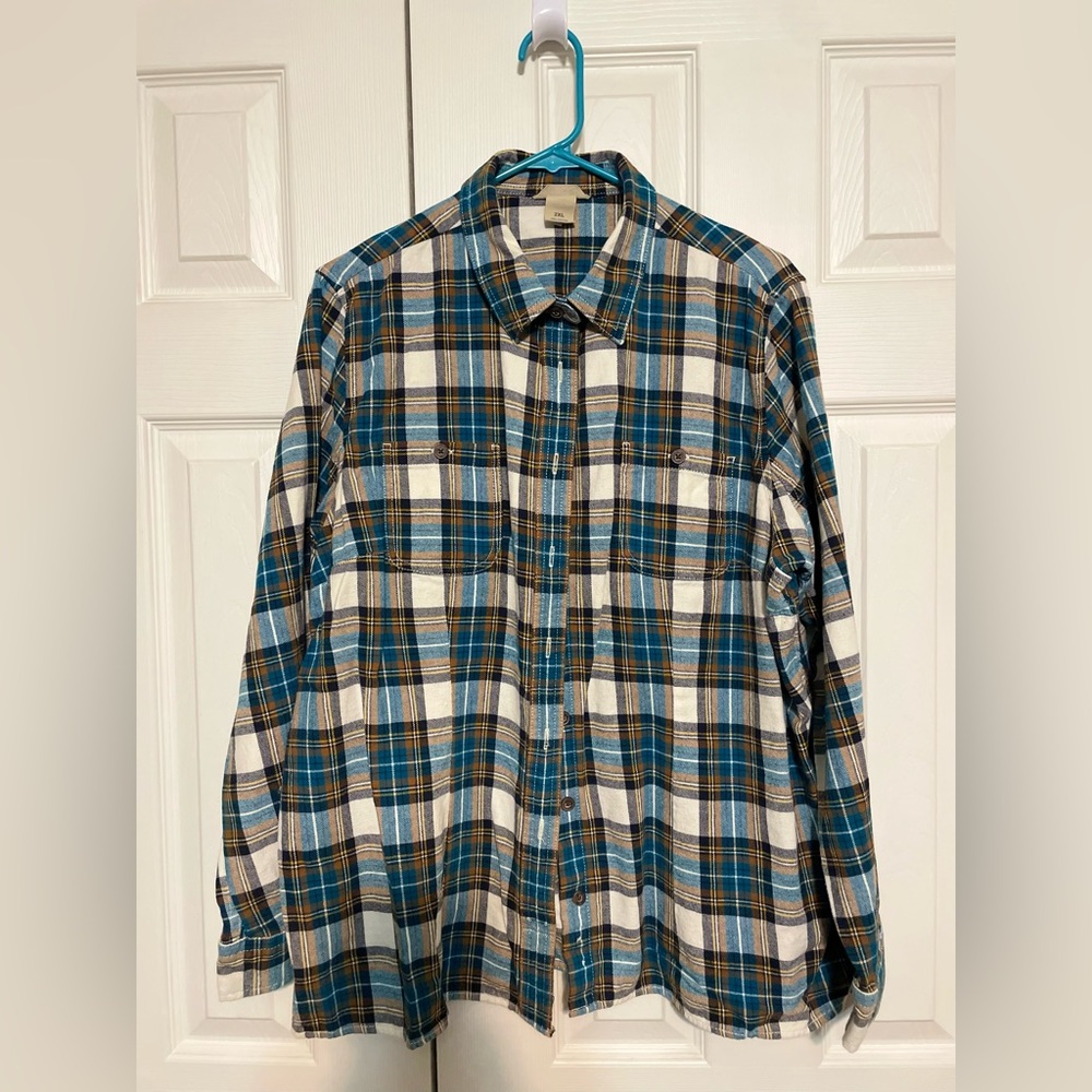 Worn Once! Duluth Trading Women’s Free Swinging Flannel 2XL Blue Tan Plaid